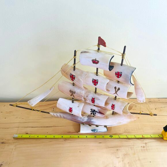 Vtg Handmade Clipper Ship Sailboat Boat Horn Coat of Arms Crest Sailing - Picture 7 of 14